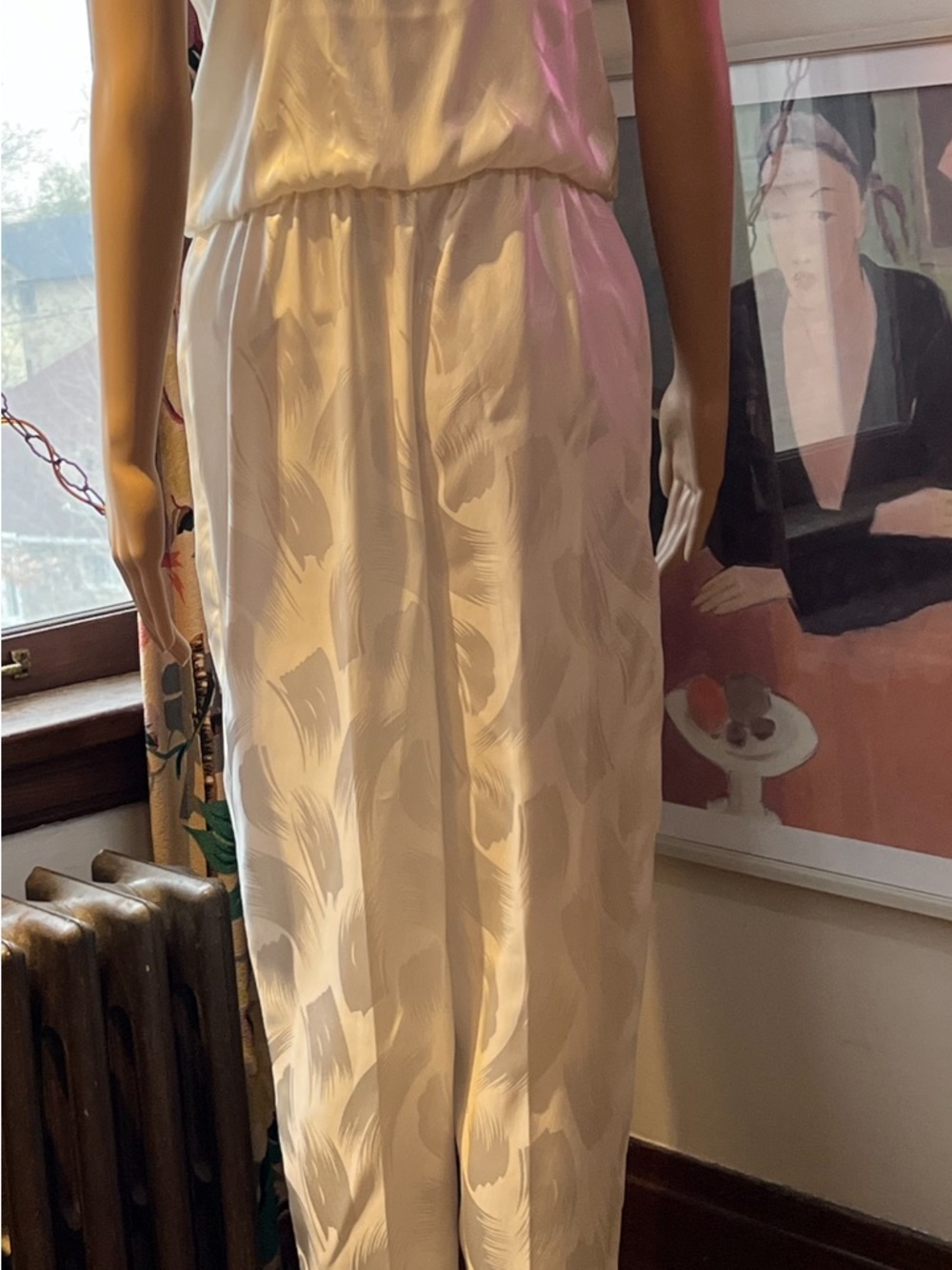 70s Disco Styling Creamy White Satin/Matte V-Neck Jumpsuit with Spaghetti Straps - Picture 8 of 14